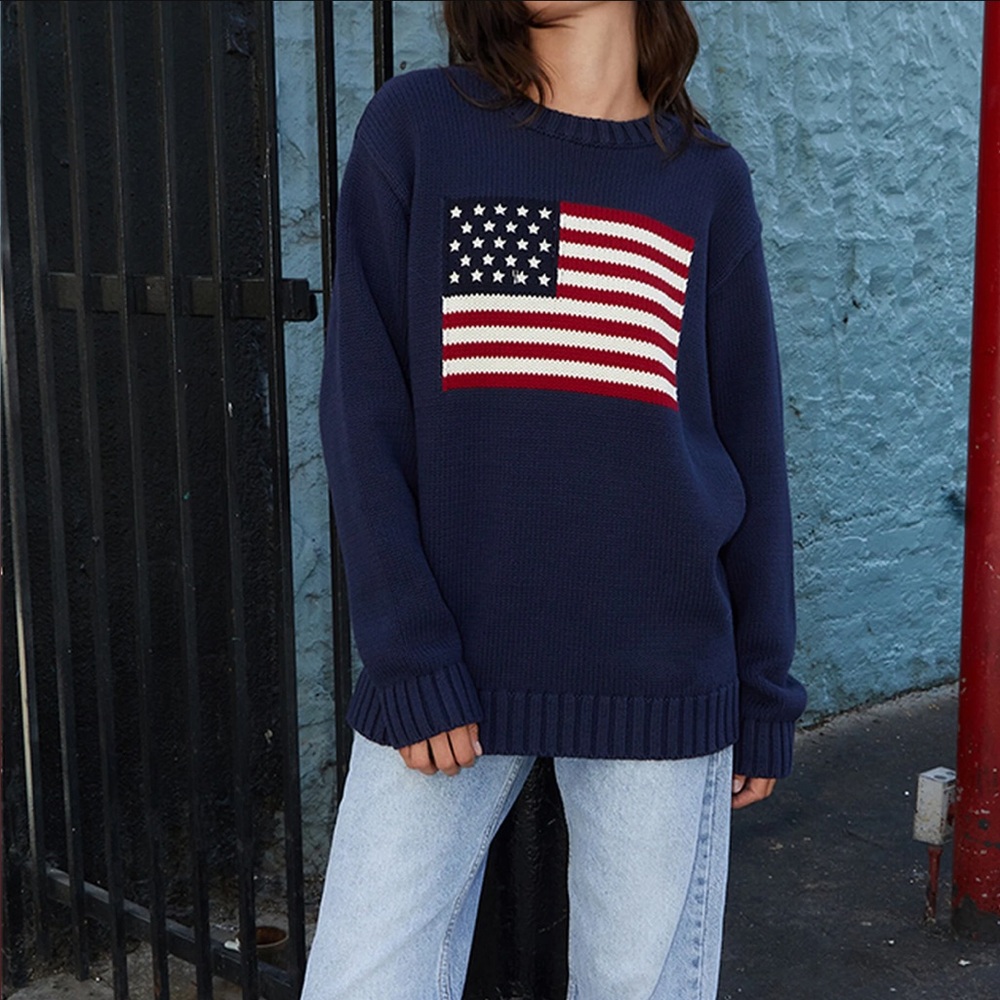 John Galt Navy Crew Neck Flag Sweater